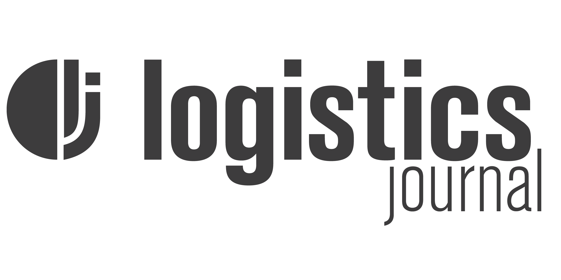 Logo des Logistics Journals, bestehend aus einer kreisförmigen Bildmarke links und einer zweizeiligen Wortmarke rechts. Die Bildmarke selbst ist in sich zweigeteilt und besteht links aus einem schwarzem Halbkreis und rechts aus den stilisierten minuskeln "l" und "j", die den Kreis auf der rechten Seite schließen und die Abkürzung des Logistics Journal bilden. Die erste Zeile der in Kleinbuchstaben gehaltenen Wortmarke ist ohne die Unterlänge des "g" so groß wie die kreisförmige Bildmarke, schließt mit einem Buchstabenabstand rechts an der Bildmarke an und bildet das Wort "logistics" in schmalen serifenlosen Lettern in fettem Schriftschnitt, passend zur Bildmarke. Darunter, etwa in der Größe der oberen Minuskeln befindet sich das Wort "journal" als zweite Zeile mit geringem Abstand direkt darunter, rechtsbündig mit dem Buchstaben "l" rechts übertretend und der Oberlänge in die obere Zeile ragend. Die Schrift bietet in ihren dünnen Schnitt einen starken Kontrast und vermittelt dem Logo die passende grazile Präzision.
